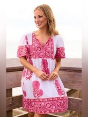 Sohana Handcrafted Pink White Floral Block Print Mini Dress Cotton Size L
